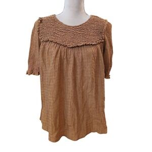 Wishlist Smocked Neck Top Brown 3/4 Sleeve Keyhole Back Shirt Women's Large